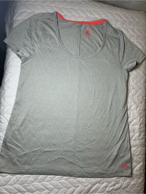 Joe Fresh Light Gray Striped Scoop Neck Tee with Coral Trim - Size M